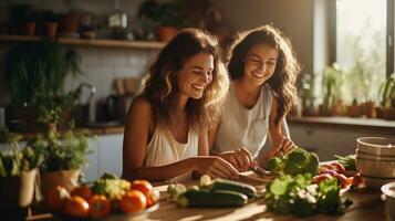 Young couple cooking healthy meal in kitchen photo