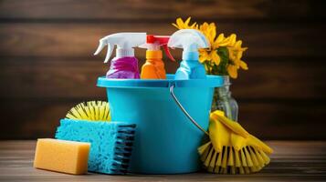Bucket with suds and cleaning tools photo
