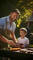 Father and son grilling burgers in backyard photo