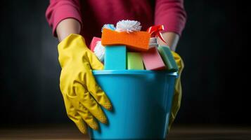 Hand holding a mop with cleaning products photo