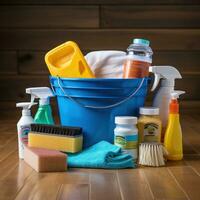 Bucket with suds and cleaning tools photo