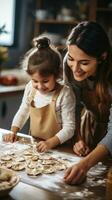 Mother and daughter baking cookies together photo