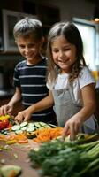 Kids helping with cooking and chopping vegetables photo