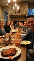 Multi-generational family enjoying potluck dinner photo