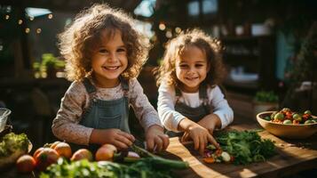 Kids helping with cooking and chopping vegetables photo