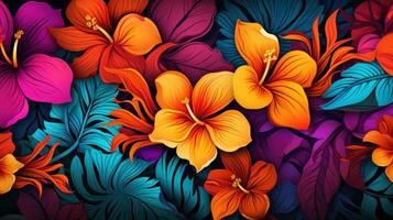 Vibrant tropical leaves and flowers pattern photo