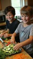 niños Ayudar con Cocinando y el cortar vegetales foto