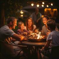 Family gathering around outdoor campfire for meal photo