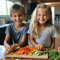 Kids helping with cooking and chopping vegetables photo