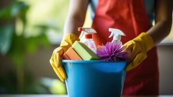 Hand holding a mop with cleaning products photo