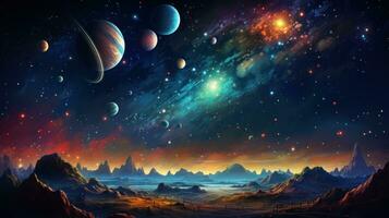 Space-themed background with galaxies and planets photo