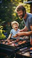 Father and son grilling burgers in backyard photo