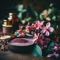 Floral wreath with beauty products - Relaxing spa concept photo