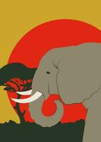 estético póster con elefante en sabana ilustración. vistoso puesta de sol en africano continente vector