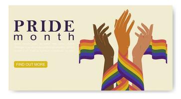 Hands holding together rainbow lgbt flag, pride month banner. Multiracial love. vector