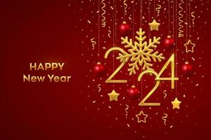 Happy New 2024 Year. Hanging Golden metallic numbers 2024 with shining snowflake and confetti on red background. New Year greeting card or banner template. Holiday decoration. Vector illustration.