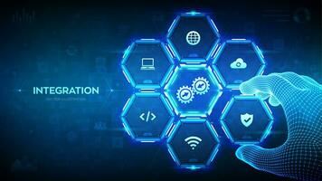 Integration data system. System Integration concept. Industrial smart technology. Wireframe hand places an element into a composition visualizing business automation solutions. Vector illustration.