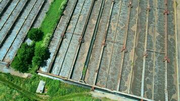 Wastewater treatment plant. Flight along the treatment plant. Drone video. 4k stock footage. video