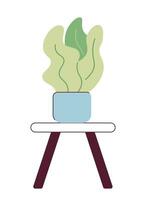Houseplant standing on coffee table 2D cartoon object. Potted plant on wooden stool chair isolated vector item white background. Home interior decoration flowerpot color flat spot illustration