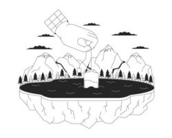Steeping teabag into mountain lake black and white 2D illustration concept. Surreal dunking tea bag in water cartoon outline scene isolated on white. Organic tea brewing metaphor monochrome vector art