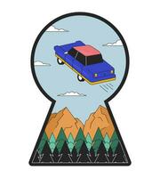 Levitating retro car in keyhole shape 2D linear illustration concept. Surreal adventure wanderlust cartoon scene isolated on white. Psychedelic ride sky metaphor abstract flat vector outline graphic