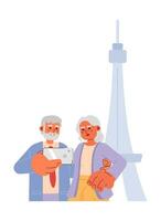 Old couple attraction tourists retirement enjoying 2D cartoon characters. Retirees taking selfie in front of Eiffel tower isolated vector people white background. Travel color flat spot illustration