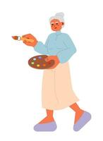 Female senior painter holding paintbrush 2D cartoon character. Middle eastern elderly woman artist painting isolated vector person white background. Drawing workshop color flat spot illustration