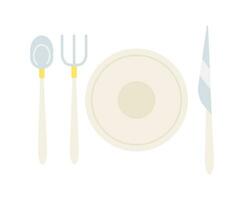 Cutlery setting 2D cartoon object. Banquet flatware isolated vector item white background. Fork knife spoon with plate. Silverware place setting. Weddings utensil color flat spot illustration