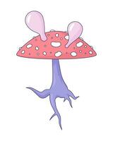 Hallucinogenic fungus fly agaric 2D linear cartoon object. Poison mushroom blowing bubbles isolated line vector element white background. Amanita muscaria psychedelics color flat spot illustration