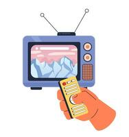 Snow capped mountain peak on 80s television 2D illustration concept. Control remote isolated cartoon character hand, white background. Watching tv mountainscape metaphor abstract flat vector graphic