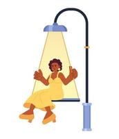 Black woman swing lamp post 2D illustration concept. African american lady swinging under street light isolated cartoon character, white background. Magic night metaphor abstract flat vector graphic