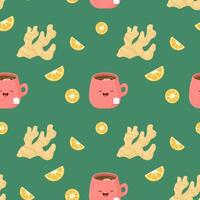 Seamless pattern cup of tea with lemon and ginger. vector