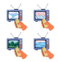 Peaceful landscapes retro tv watching 2D illustration concepts set. Remote control, dreamy mood isolated cartoon character hands collection, white background. Metaphors abstract flat vector graphic