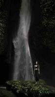 Brunette girl posing against the background of a waterfall video