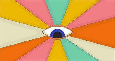 Retro groovy seeing eye 2D linear illustration concept. Psychedelic surreal cartoon scene background. Eye watching. Visual hallucination, providence metaphor abstract flat vector outline graphic