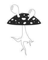 Hallucinogenic fungus fly agaric black and white 2D line cartoon object. Poison mushroom blowing bubbles isolated vector outline item. Amanita muscaria psychedelic monochromatic flat spot illustration