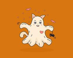 Cute cat ghost with spider and hearts vector illustration. Cover, postcard in cartoon style.