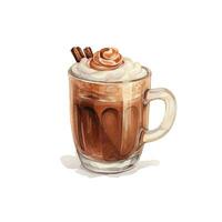Hot coffee latte in the cup. Watercolor vector illustration. Hot cappuccino with whipped cream