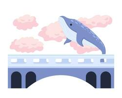 Whale humpback flying above bridge 2D illustration concept. Fairytale animal in clouds sky isolated cartoon scene, white background. Fantastic world surreal metaphor abstract flat vector graphic