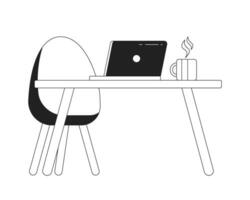 Office desk laptop with mug black and white 2D cartoon object. Workspace computer, steamed drink cup isolated vector outline item. Comfortable chair table monochromatic flat spot illustration