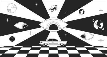 Psychedelic road trip black and white 2D illustration concept. 60s trippy eyes watching over car riding outline cartoon scene background. Cosmic planets, groovy retro metaphor monochrome vector art