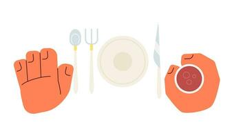 Cutlery hands holding glass overhead cartoon character hands illustration. Top view utensils setting 2D vector image isolated on white background. Drinking wine restaurant editable flat clipart color