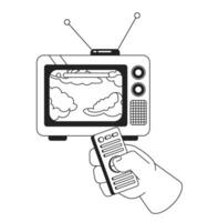 Dreamy clouds on old television black and white 2D illustration concept. Changing program with clicker isolated cartoon outline character hand. Cumulus forecast weather metaphor monochrome vector art