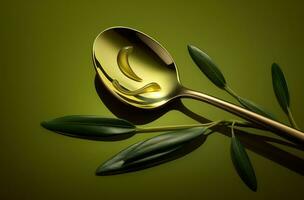 Olive oil is splashing on the spoon. Created with Generative AI photo