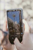 mobile phone in hands while taking photo  explanada in Alicante, Spain