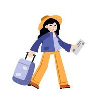 mujer a aeropuerto. niña con maleta apuro. equipaje y equipaje. boleto en mano. hembra personaje va en vacaciones vector