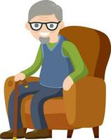 antiguo hombre es sentado en suave sillón. descanso y mayor con un caña. marrón mueble y habitación elemento. dibujos animados plano ilustración. linda abuelo vector