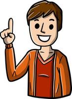 Man points up. Finger and hand gesture. Young smiling guy. Hand-drawn illustration. Happy emotion. vector