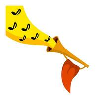 trompeta. musical instrumento. dorado cuerno con bandera. solemne evento. elemento de celebracion y premios sonido y melodía. concepto con notas vector