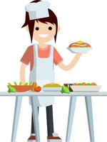 Woman cook holding platter of food. Work as chef in restaurant. Table with trays of fruit and vegetables. Element of the kitchen. Flat cartoon vector